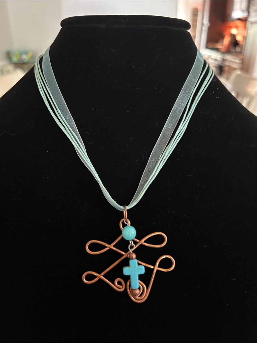 Aqua Ribbon Necklace with Turquoise Bead & Cross Pendant in Copper